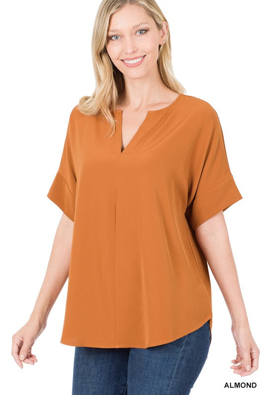 Heavy Woven Span Split Neck Short Sleeve Top