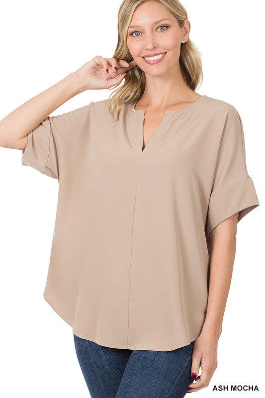 Heavy Woven Span Split Neck Short Sleeve Top