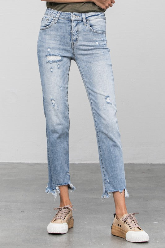 Mid Rise Raw Hem Straight Jeans