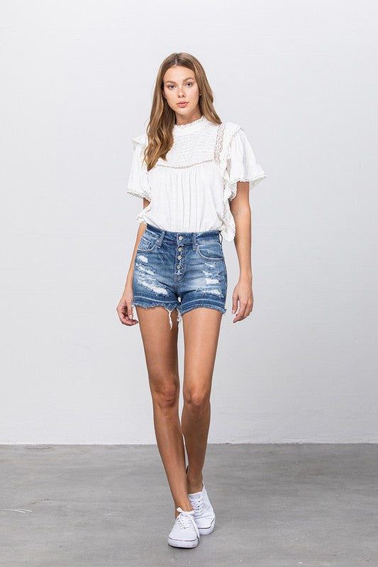 Released Frayed Hem Ripped Denim Shorts