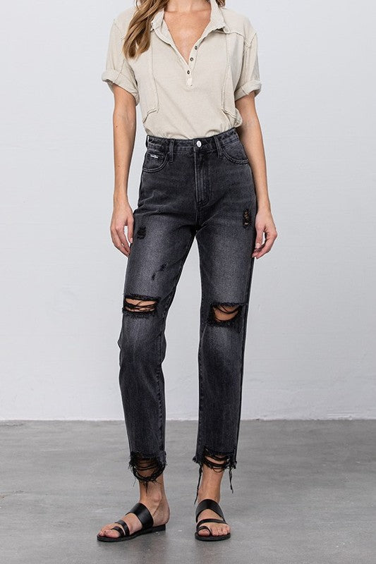 High Rise Ripped Frayed Hem Mom Jeans