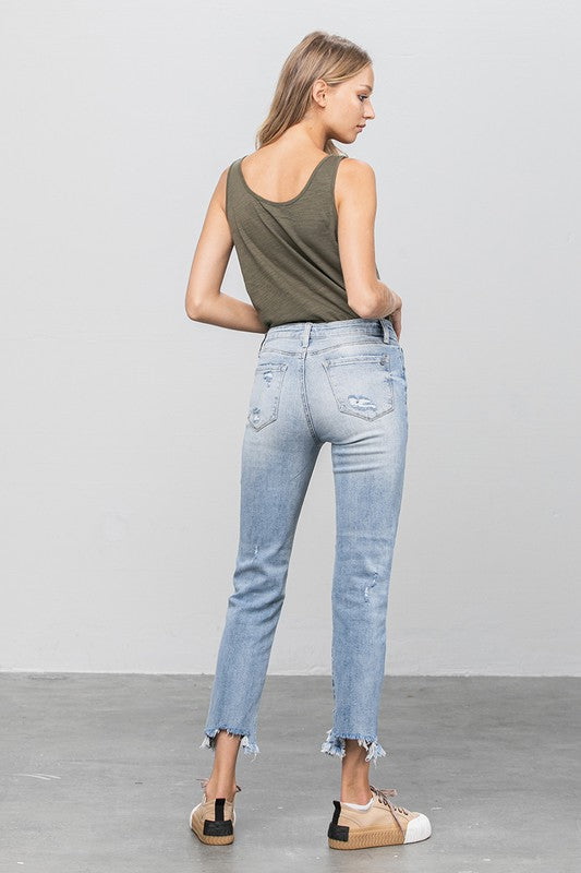 Mid Rise Raw Hem Straight Jeans