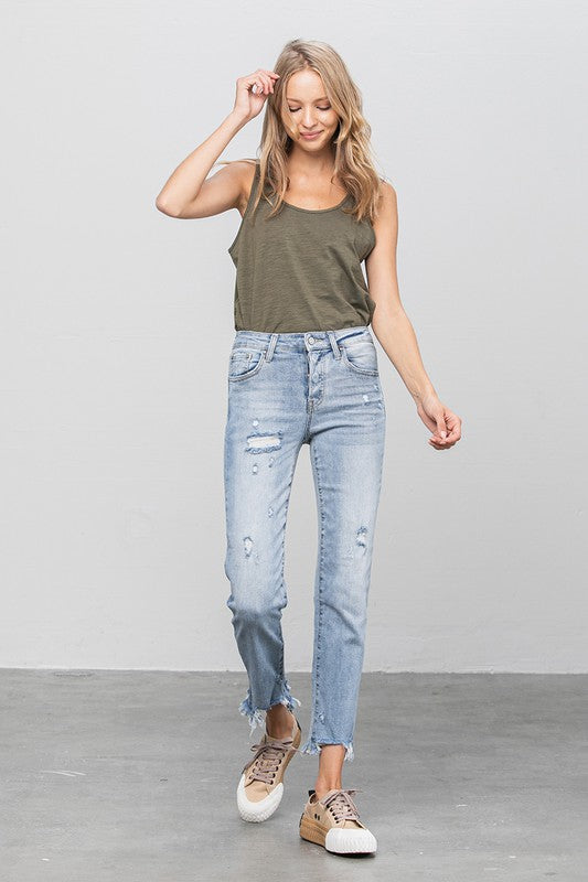 Mid Rise Raw Hem Straight Jeans