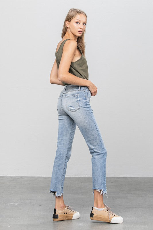 Mid Rise Raw Hem Straight Jeans