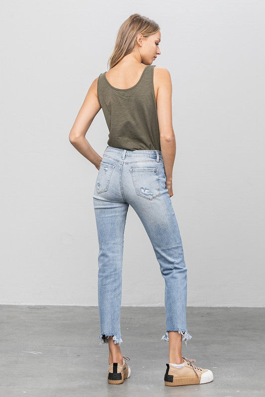 Mid Rise Raw Hem Straight Jeans