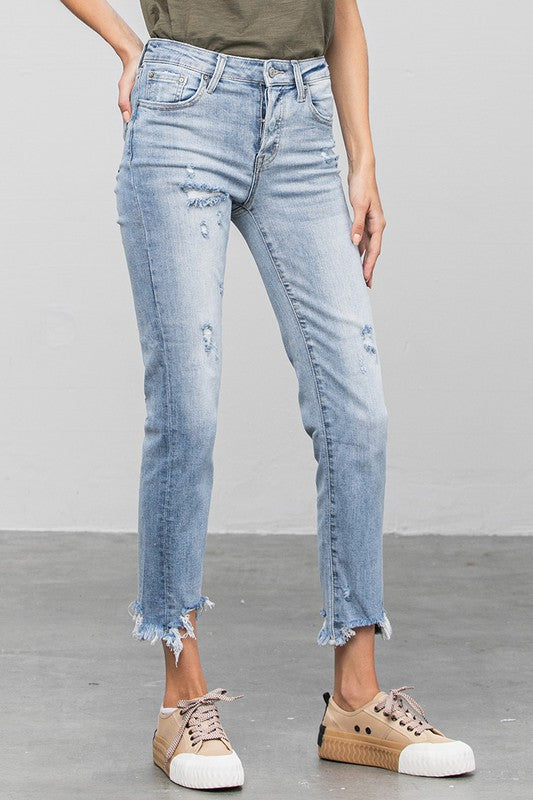 Mid Rise Raw Hem Straight Jeans