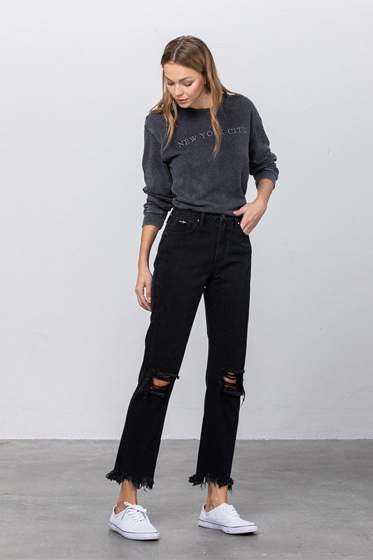 High Waist Ripped Frayed Hem Straight Jeans