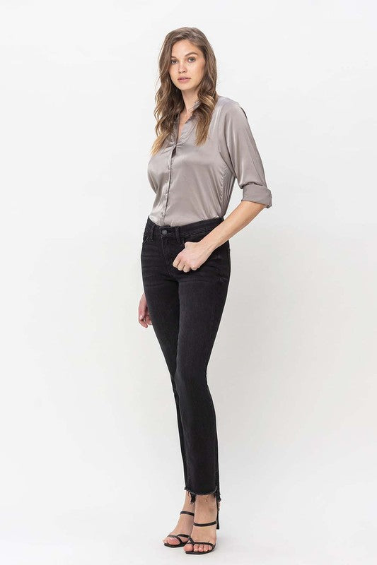 Mid Rise Step Hem with Slit Straight Jeans