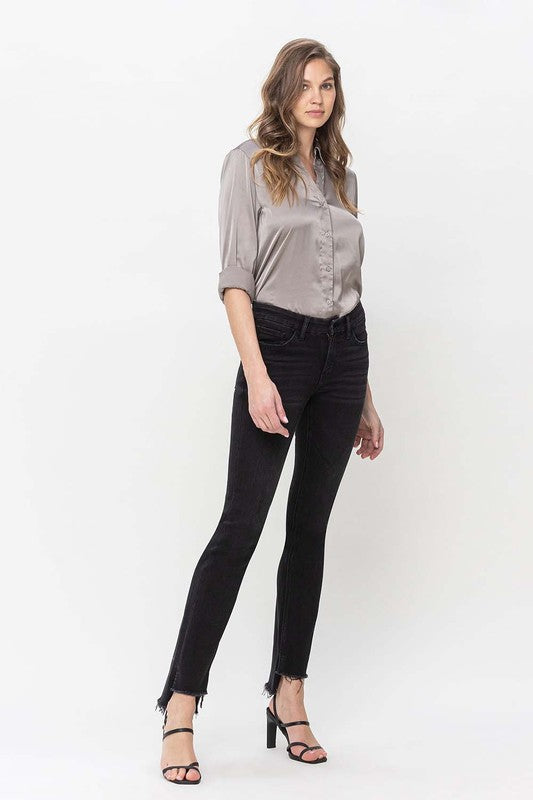 Mid Rise Step Hem with Slit Straight Jeans