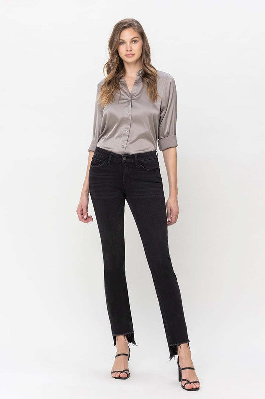 Mid Rise Step Hem with Slit Straight Jeans