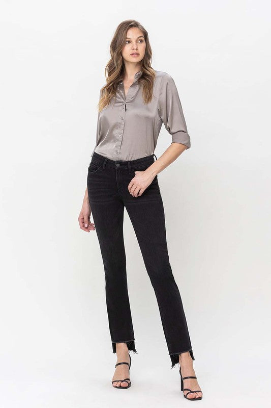 Mid Rise Step Hem with Slit Straight Jeans