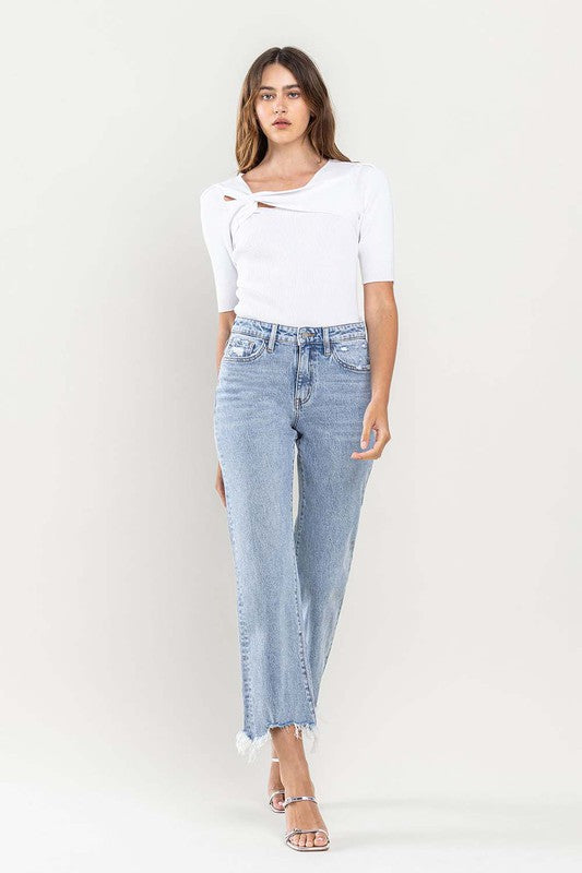 High Rise Distressed Hem Crop Dad Jeans