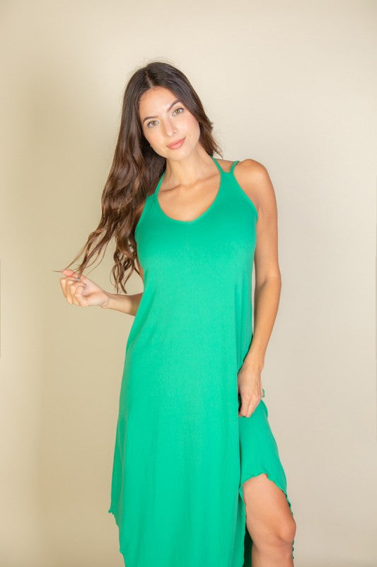 Button Front Tie Waist Sleeveless Maxi Dress